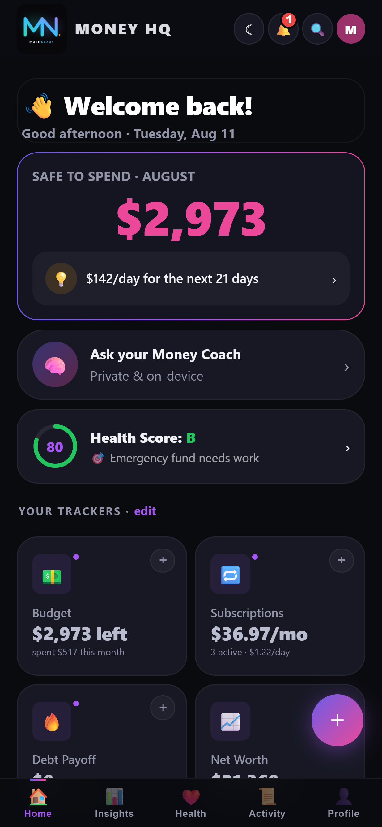 Money HQ home screen showing safe-to-spend for the month, a money coach and tracker tiles